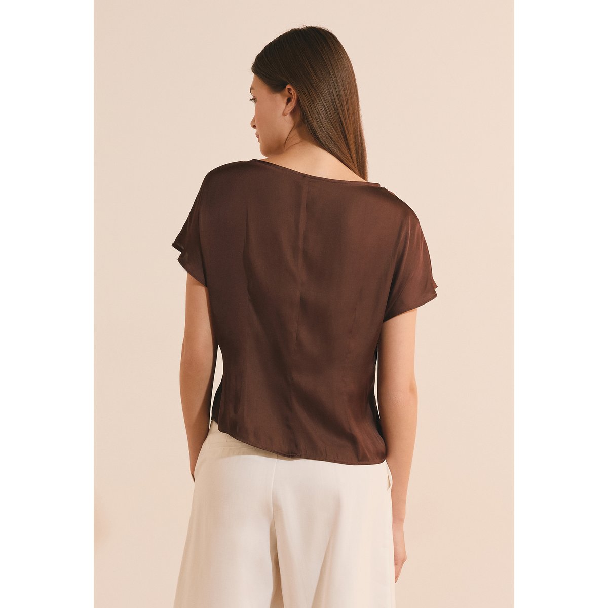T-shirt drapé avec nœud satiné HANS chocolat, ETAM