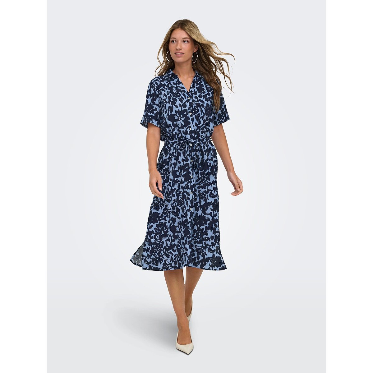 Robe longue imprimée manches courtes avec ceinture imprimé bleu, ONLY