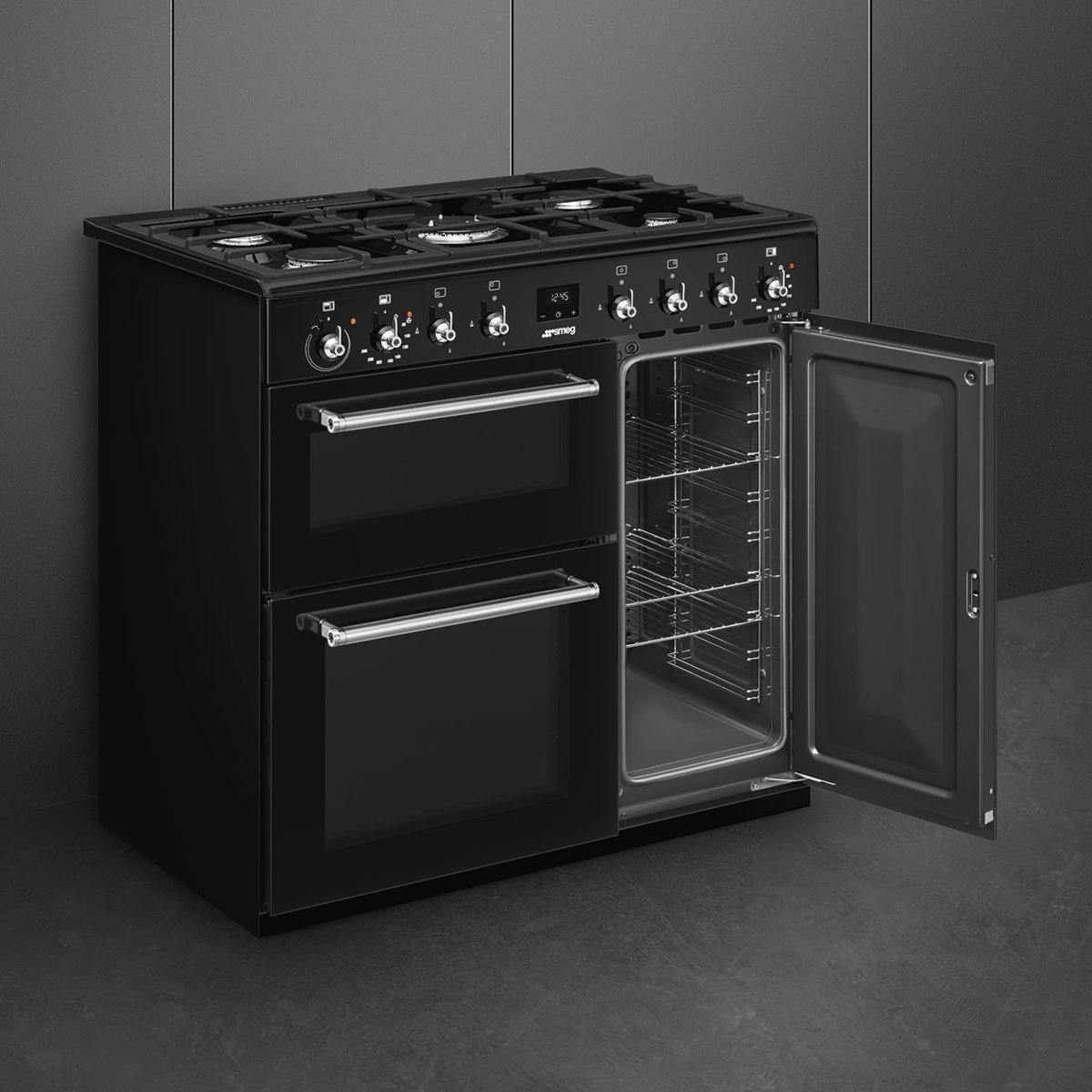 Piano de cuisson gaz 5 feux 90 cm noir brillant, SMEG