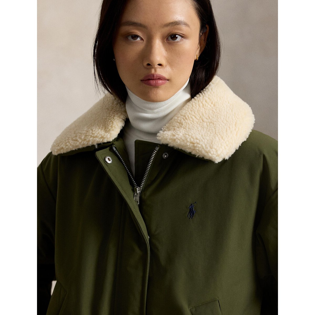 Blouson doudoune court, à col en sherpa kaki olive, POLO RALPH LAUREN