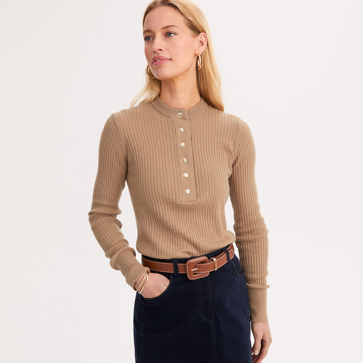 Wool Blend Ribbed Fine Soft Knit Crew Neck Jumper camel, ANNE WEYBURN