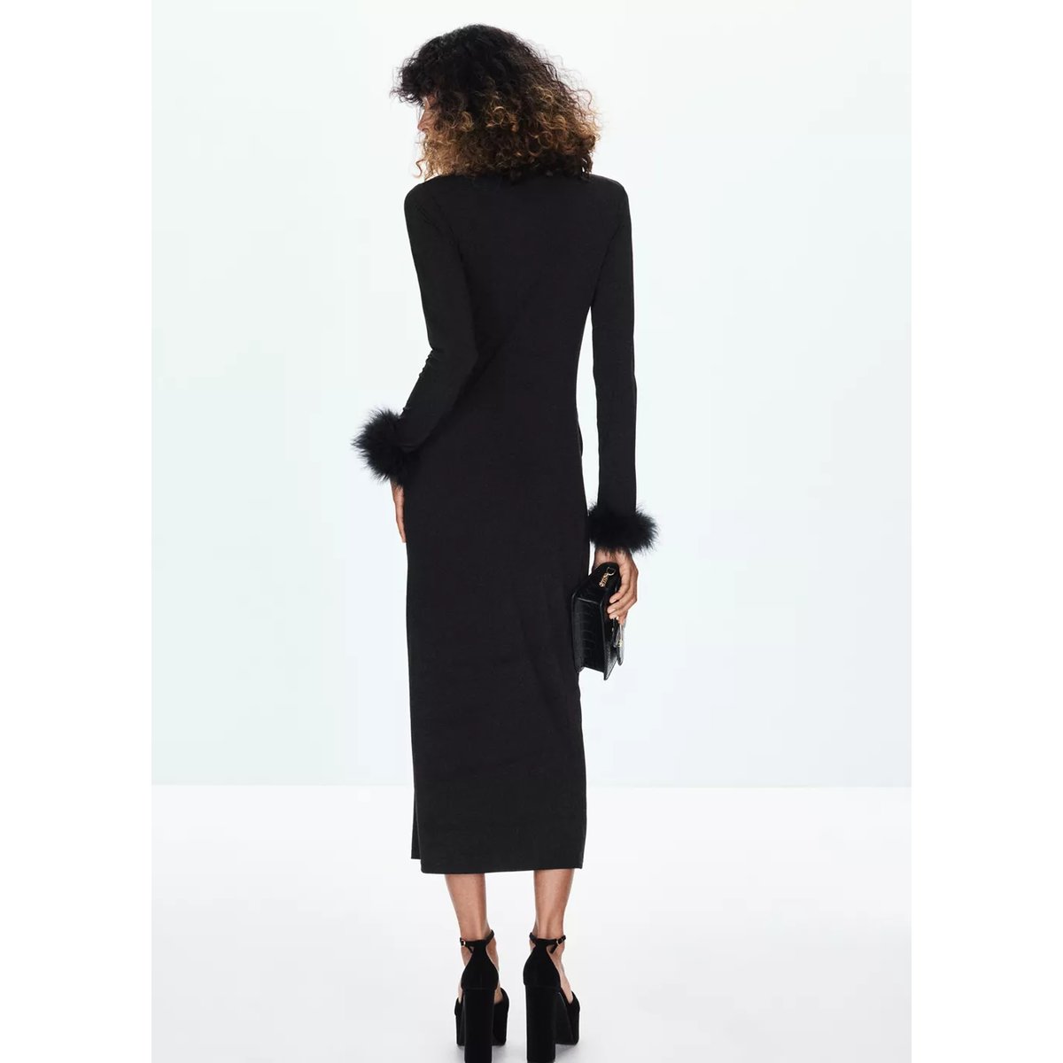 Robe midi à poignets ornés de plumes noir, MANGO