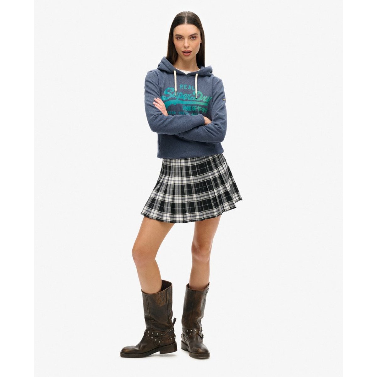 Sweat à capuche Vintage Logo ton sur ton indigo chiné, SUPERDRY