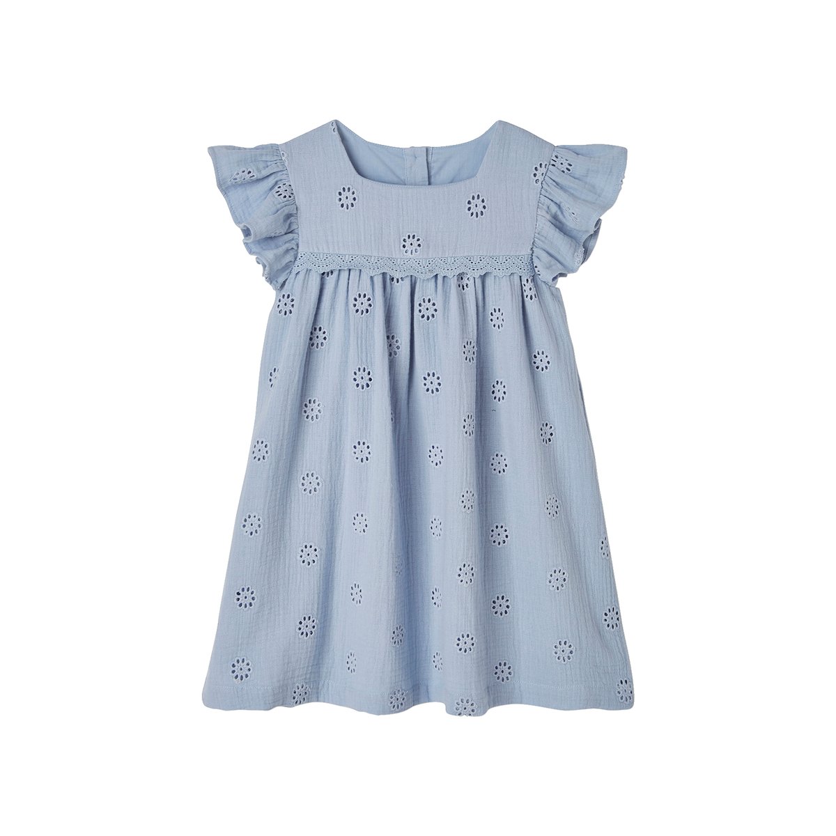 Robe cérémonie brodée fleurs en gaze de coton bleu pâle, VERTBAUDET