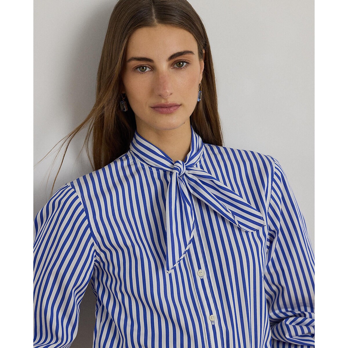 Chemise rayée manches longues col à nouer rayé bleu/blanc, LAUREN RALPH LAUREN