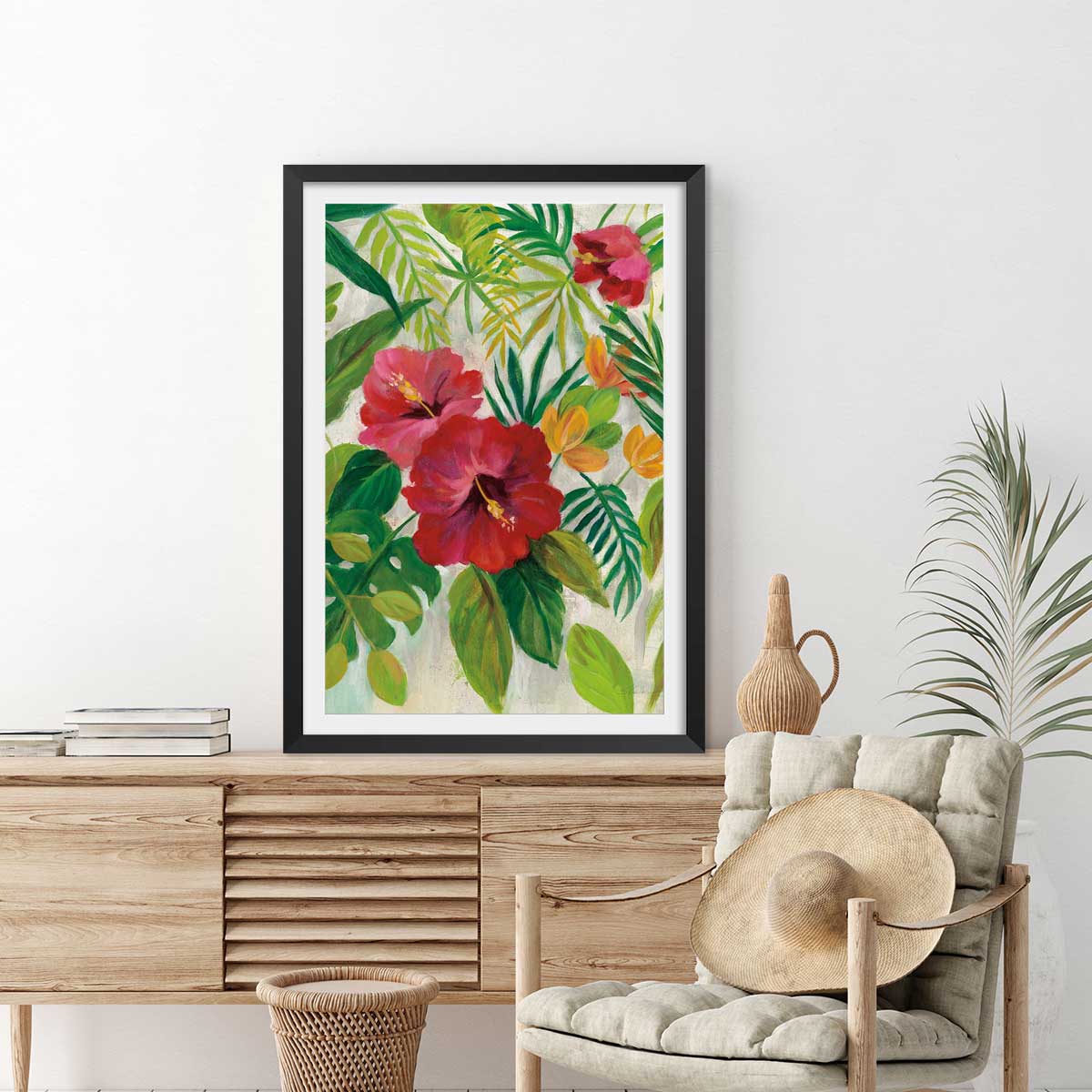 Poster Hibiscus des tropiques affiche + cadre en bois - noir, HEXOA