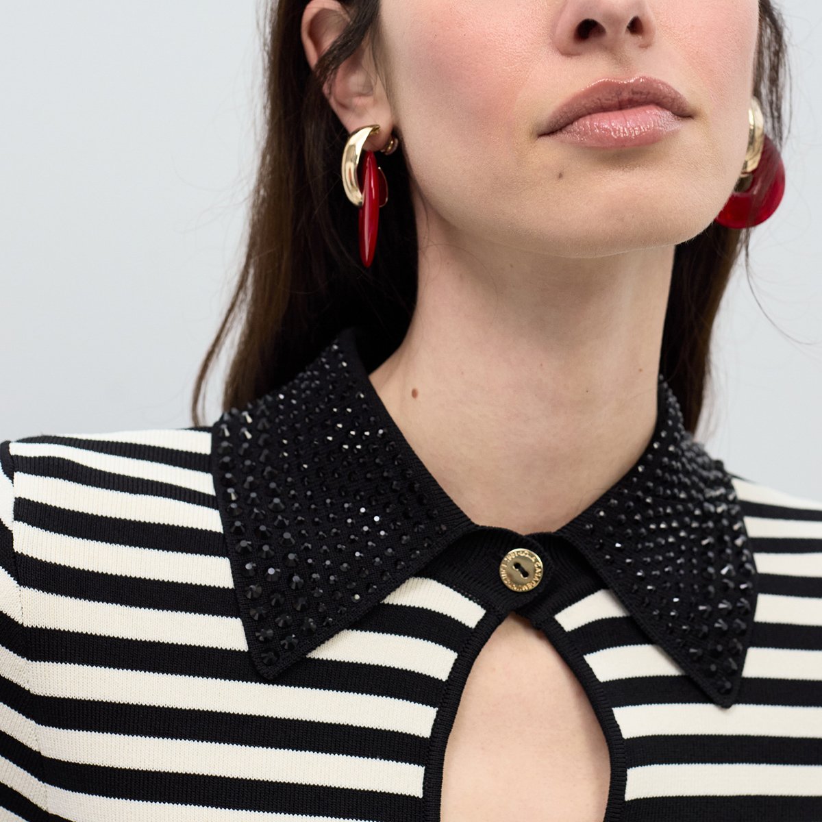Pull rayé col bijou ajouré noir, LOLA CASADEMUNT