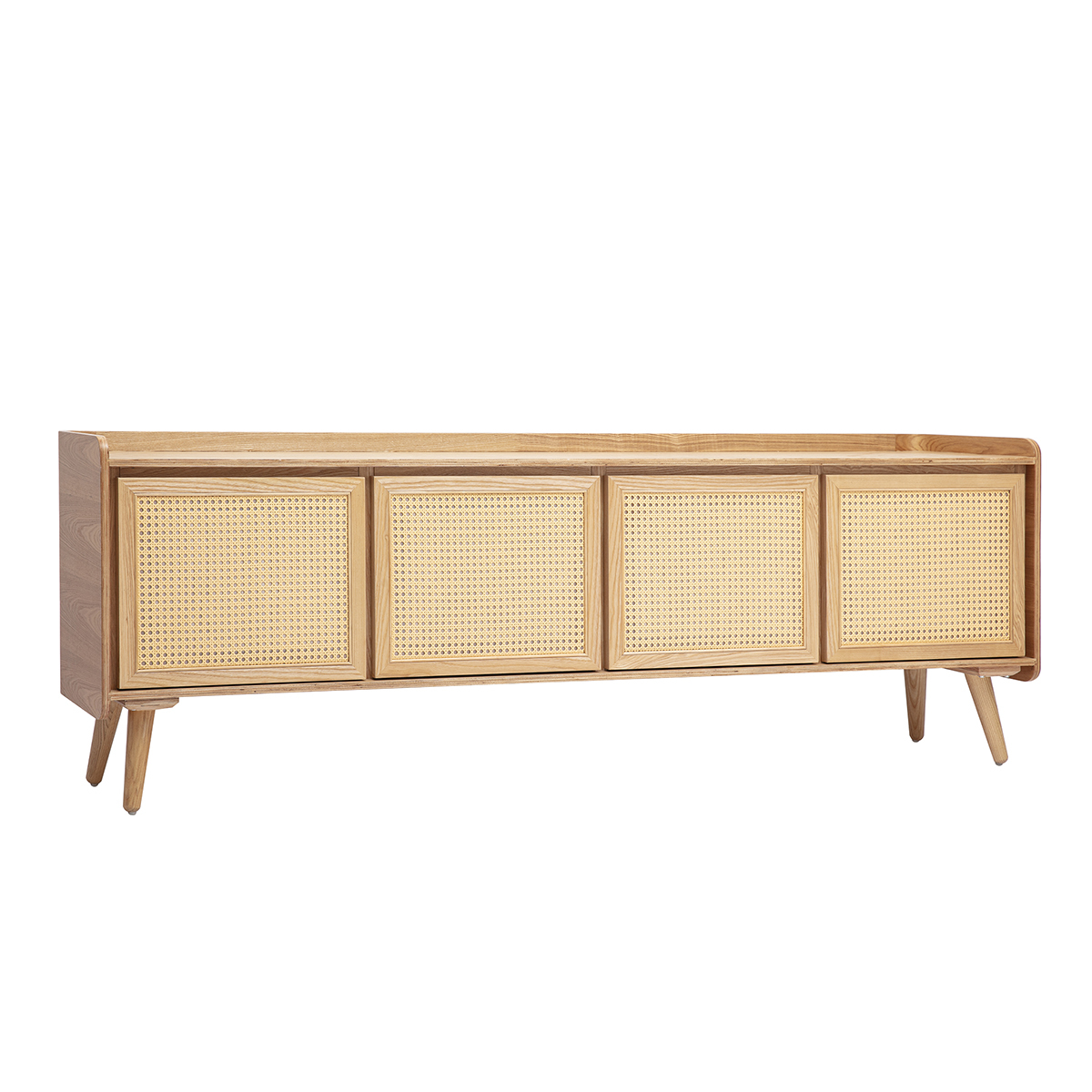 Meuble TV en bois clair frêne et cannage rotin L200 cm ELSY couleur unique, MILIBOO