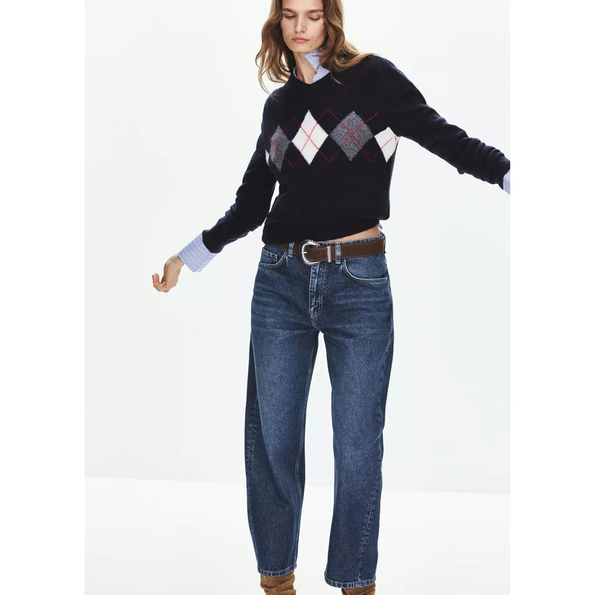Jean balloon crop bleu foncé, MANGO