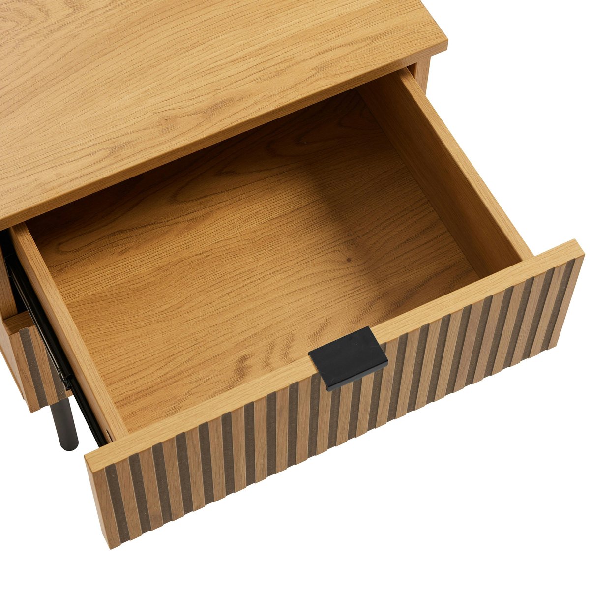 Chevet 2 tiroirs décor effet bois rainuré noir et naturel OLETTA bois naturel, PIER IMPORT