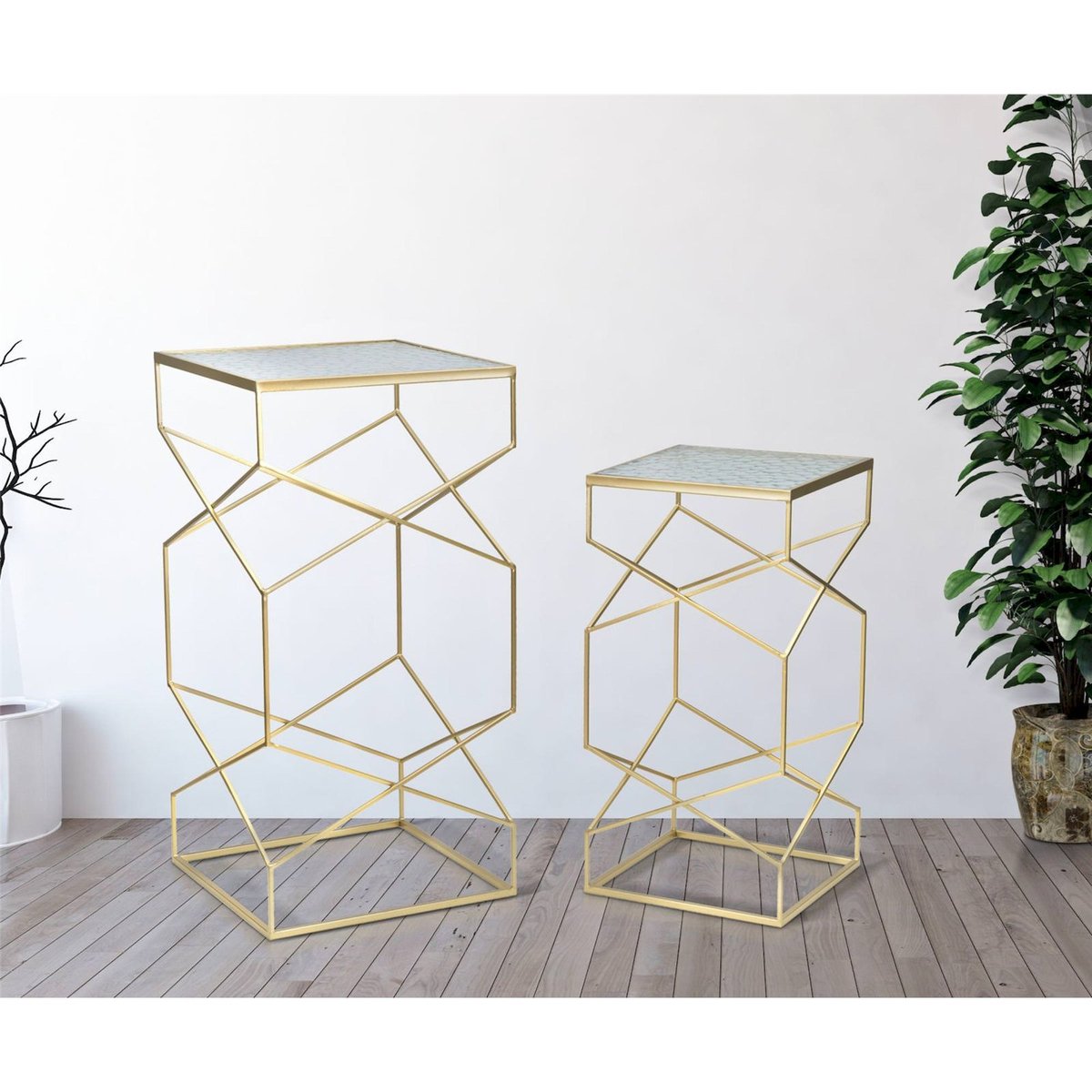 Duo de tables hautes en fer et verre GLAM doré et verre transparent, RECOLLECTION