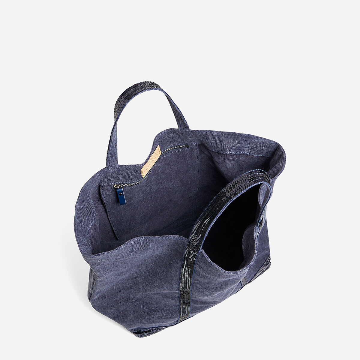 Linen Large Tote Bag with Sequin Trim denim blue , VANESSA BRUNO