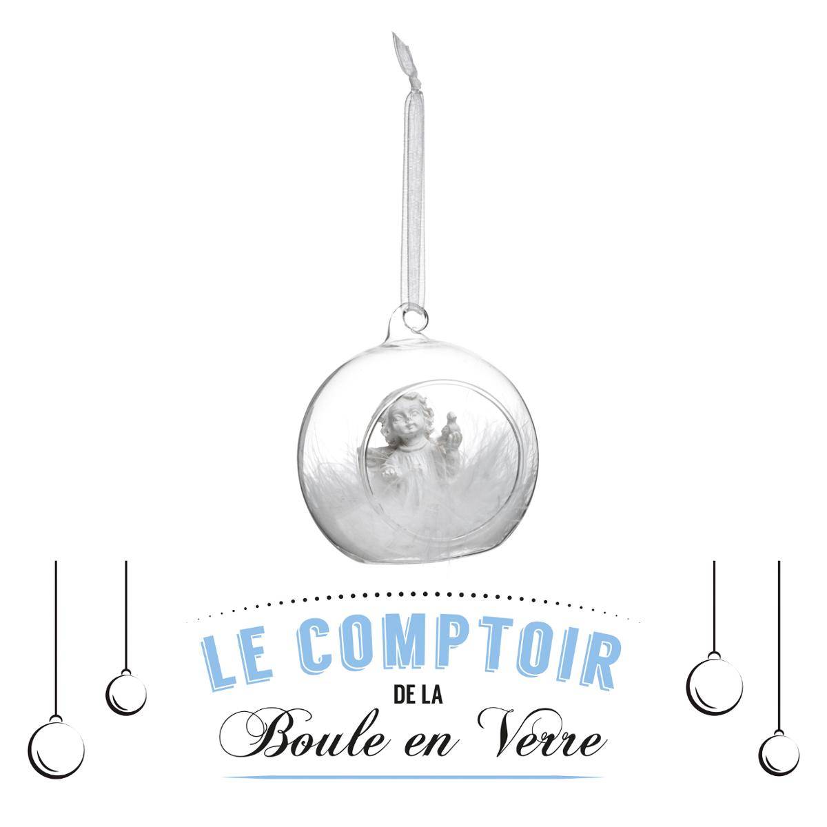 Boule intérieur ange et plume 8 cm verre ange/oiseau, FEERIC LIGHTS & CHRISTMAS