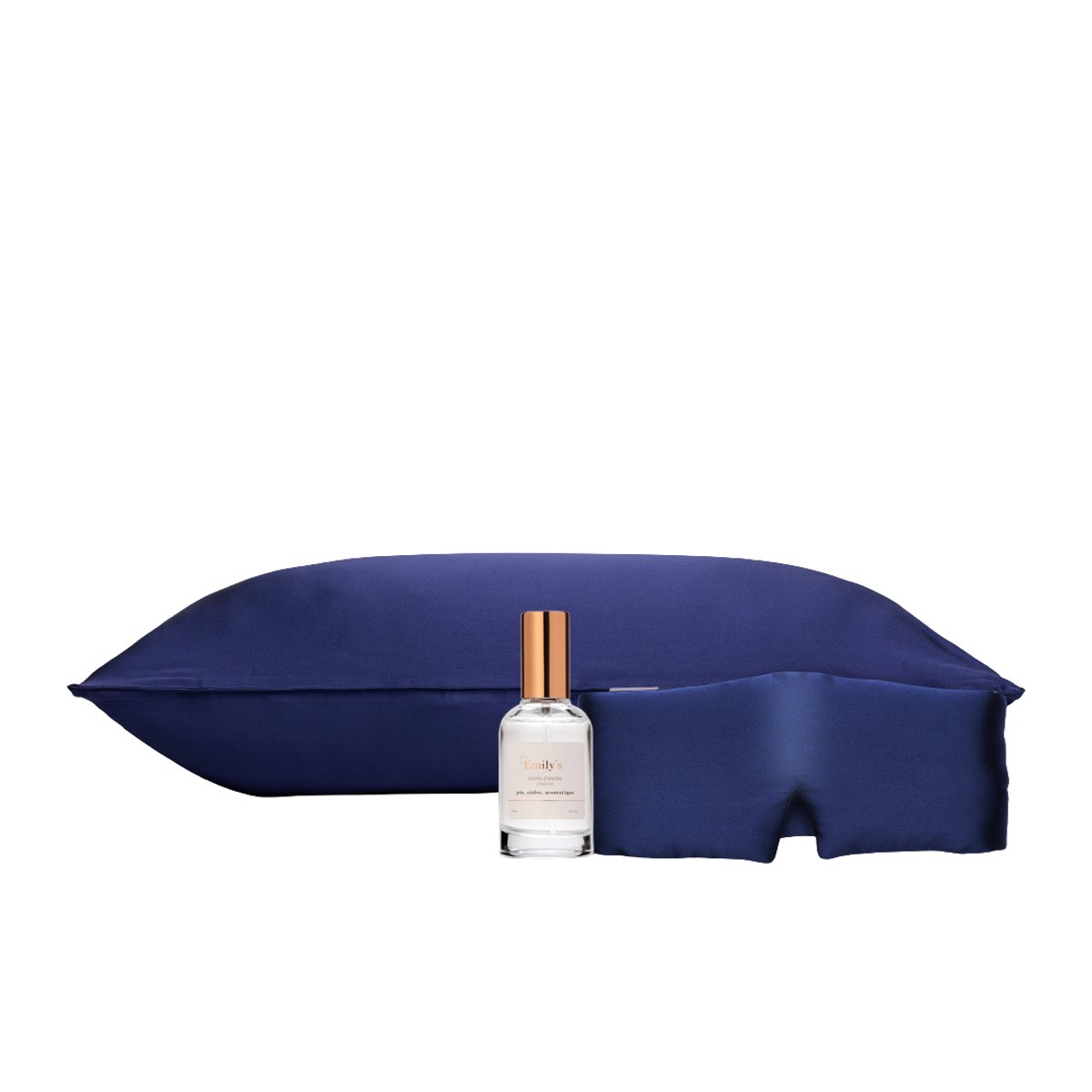 Pack sérénité - Taie en soie, masque de nuit bandeau et brume d'oreiller bleu nuit, EMILY'S PILLOW