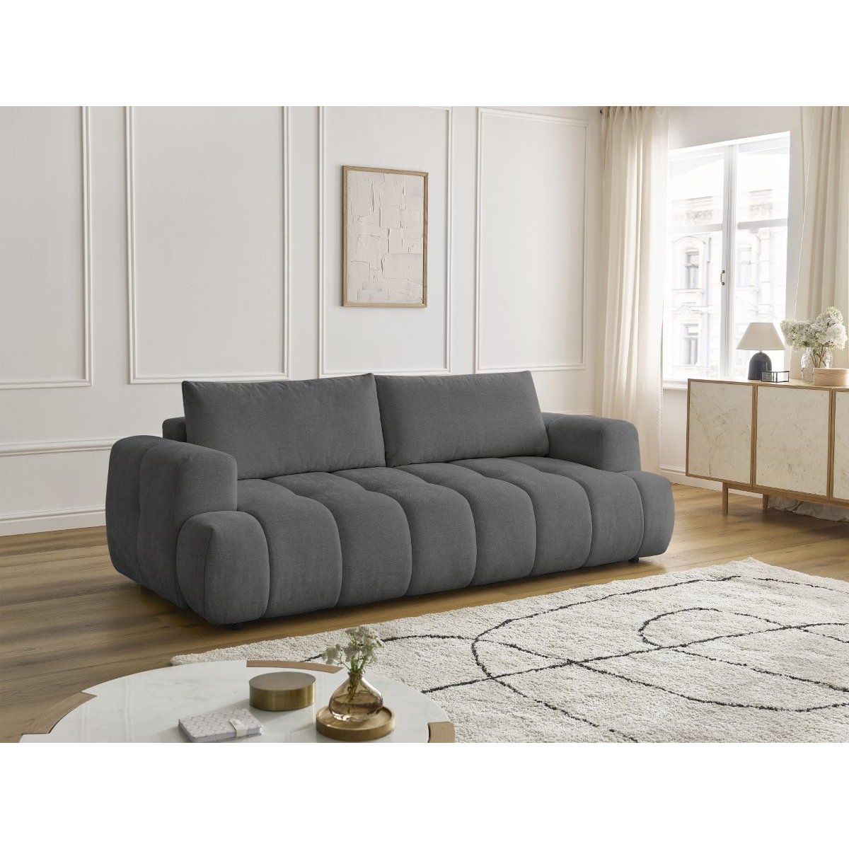 Canapé droit convertible 3 places en tissu lisse, FUJI gris foncé, BOBOCHIC