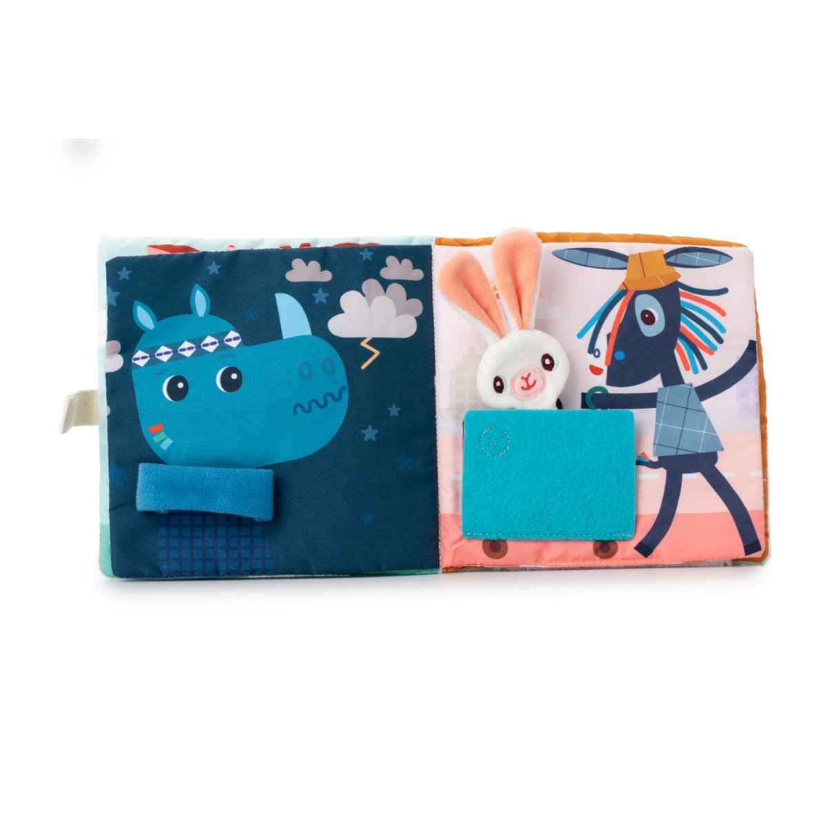 Livre d'activités tissu Stella et son doudou vert d'eau, bleu, blanc, LILLIPUTIENS