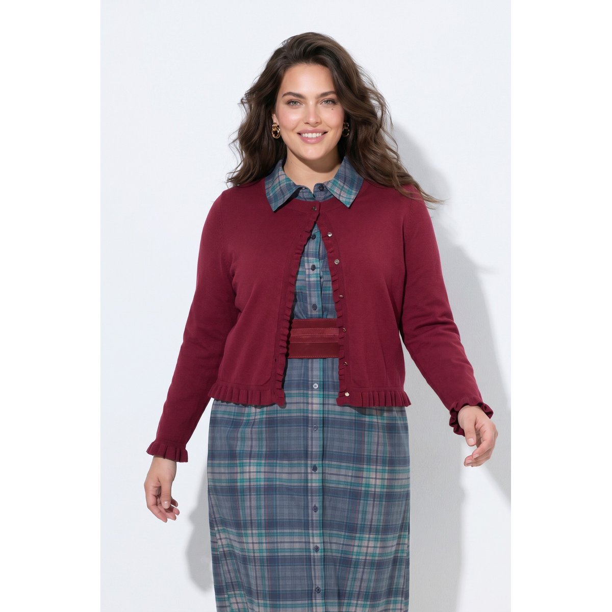 Cardigan à col rond et manches longues rouge vin foncé, ULLA POPKEN