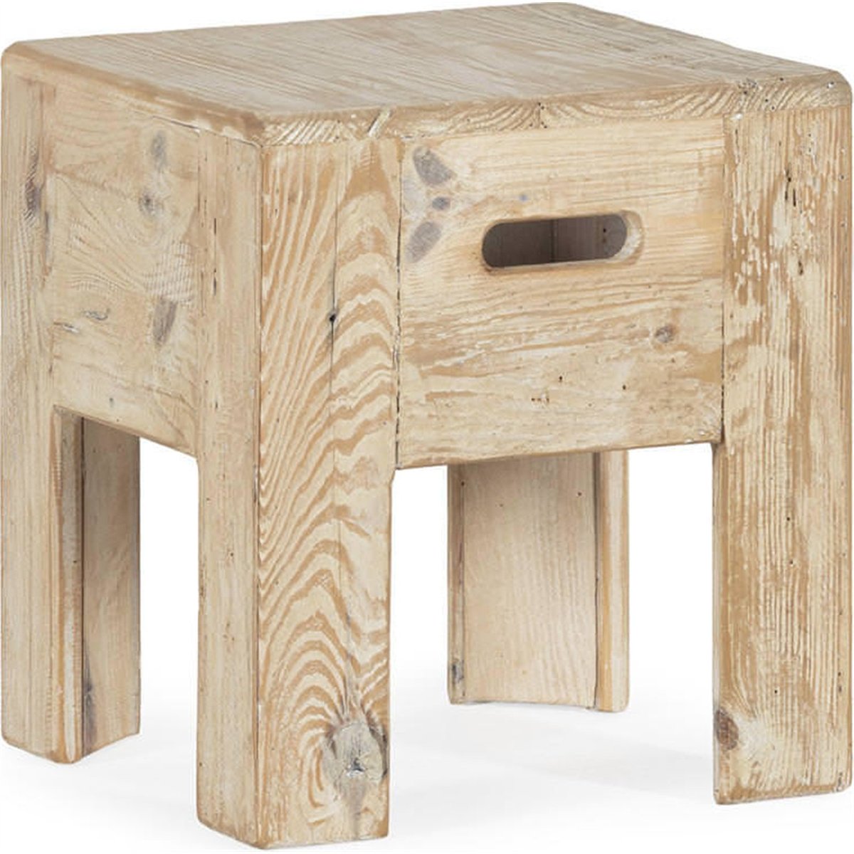 Tabouret carré en pin recyclé blanc vieilli, RECOLLECTION