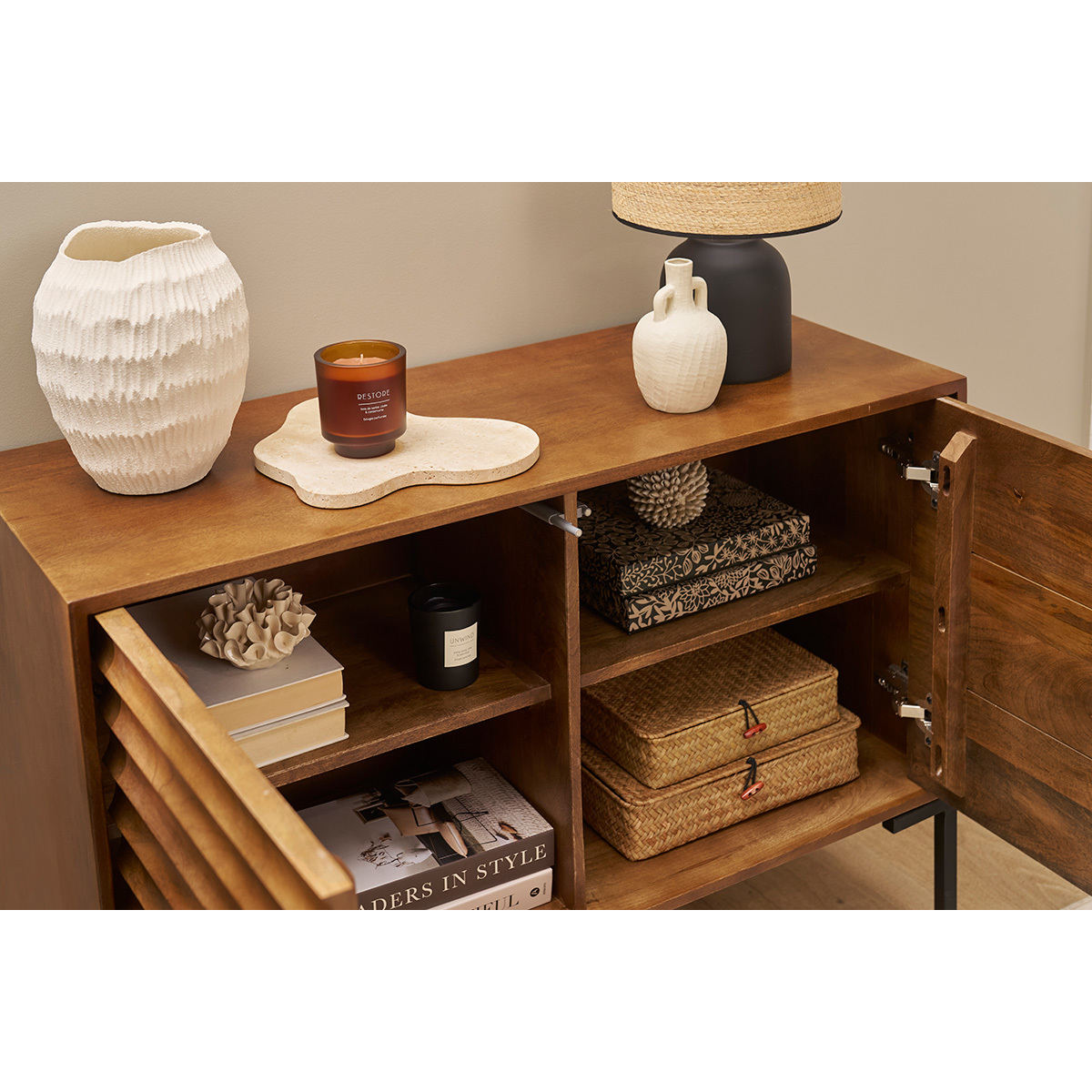 Buffet en bois foncé manguier massif et métal noir 2 portes L100 cm ONDA noyer, MILIBOO