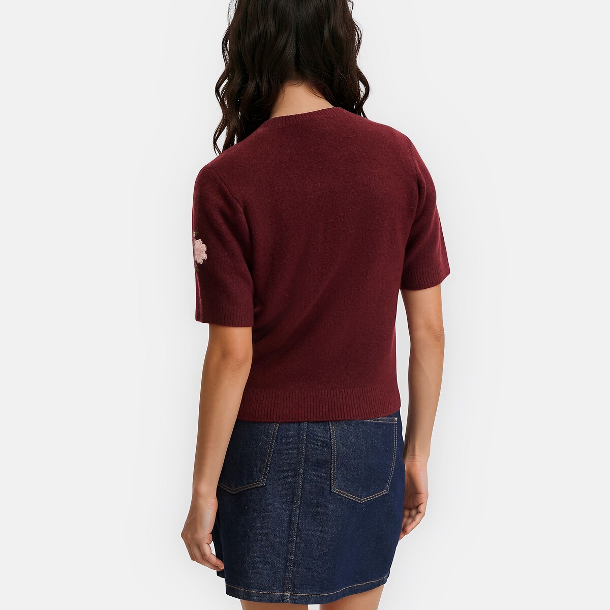 Maglia a collo rotondo e maniche corte con ricami floreali rosso bordeaux, LA REDOUTE COLLECTIONS
