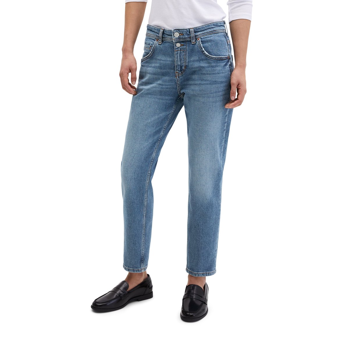 Jeans modèle Theda boyfriend cropped en Organic Cotton Stretch bleu moyen, MARC O'POLO
