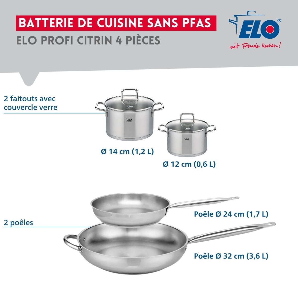 Batterie 2 poêles 24/32cm + 2 faitouts 12/14cm PROFI CITRIN gris, ELO