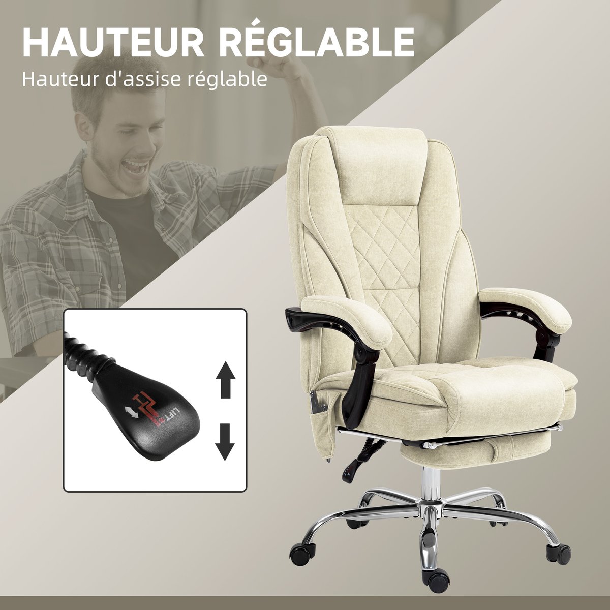 Fauteuil de bureau avec fonction massage beige, HOMCOM