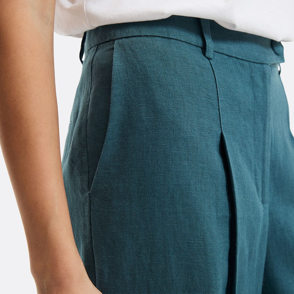Pantaloni di lino a gamba larga con pinces verde smeraldo, LA REDOUTE COLLECTIONS