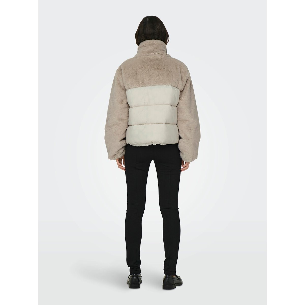 Short Padded Jacket in Teddy Faux Fur with Zip Fastening and High Neck beige, ONLY