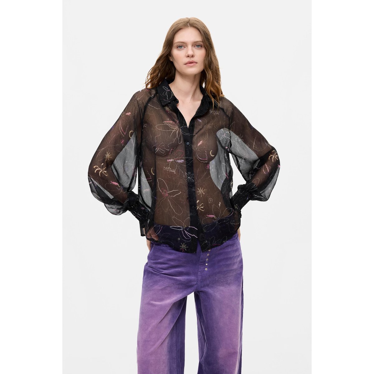 Blouse fleurie transparente noir, DESIGUAL