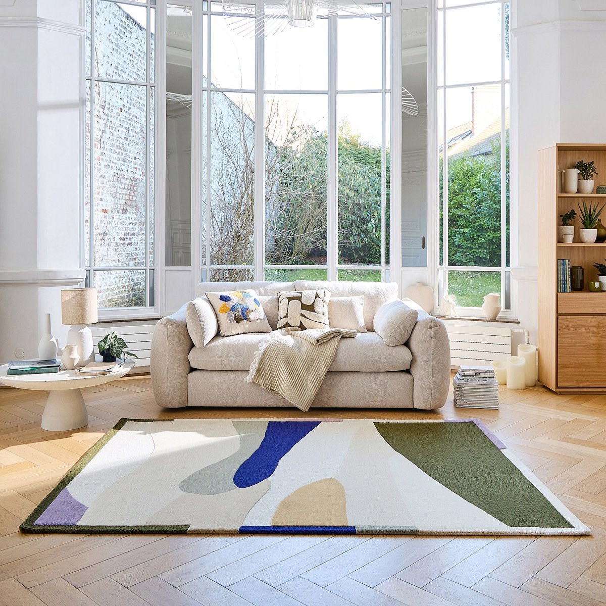 Tapis de salon laine AUBIN kaki, bleu roi, beige, multicolore, HABITAT