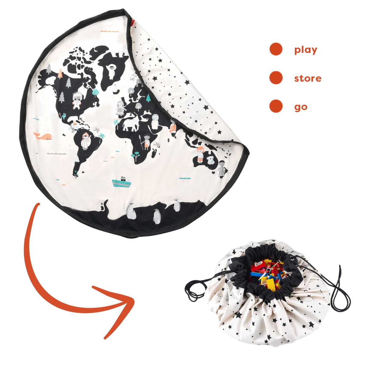 play&go - tapis de jeu & sac à jouets - worldmap/stars ecru/noir, PLAY ET GO