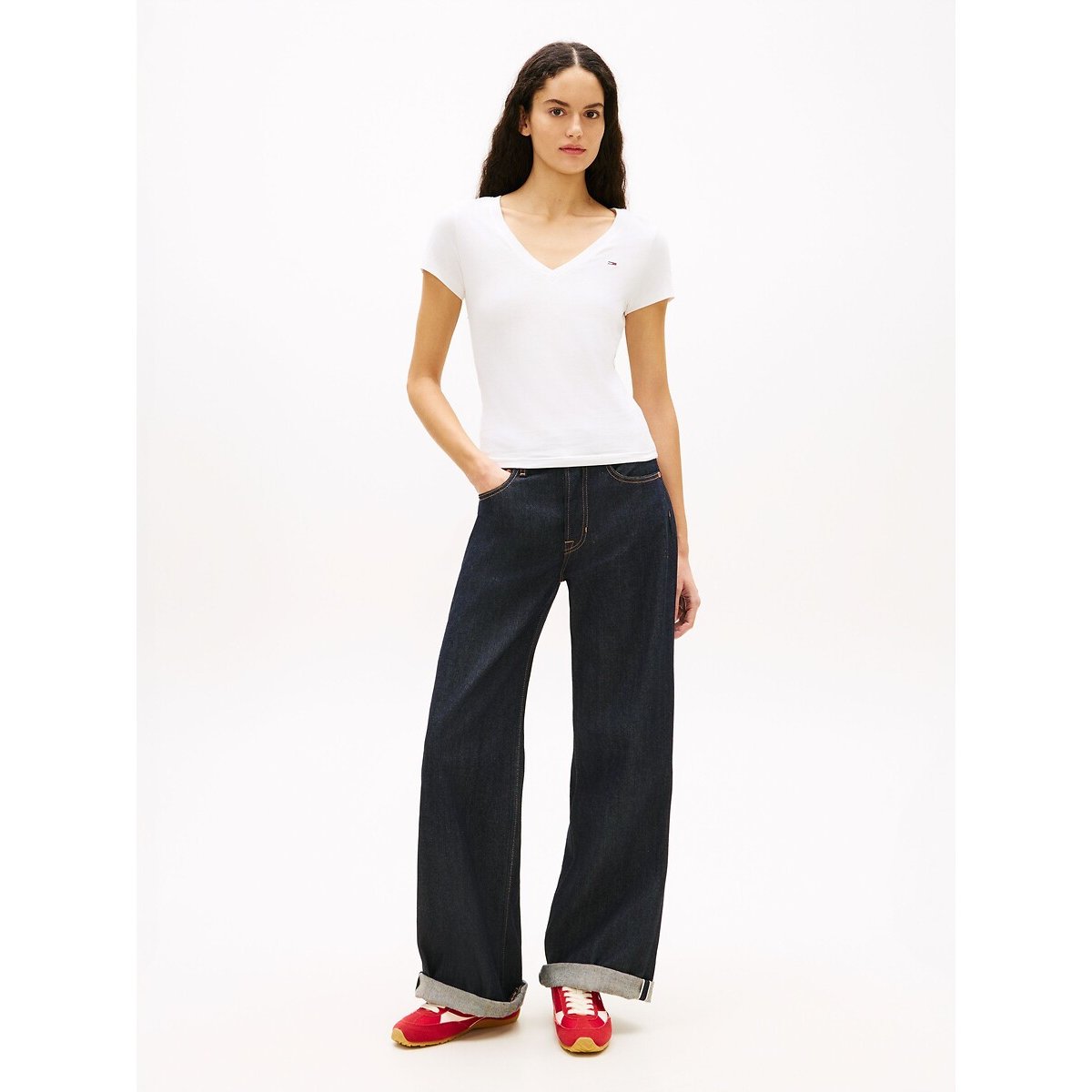 T-shirt scollo a V, maniche corte ecru , TOMMY JEANS
