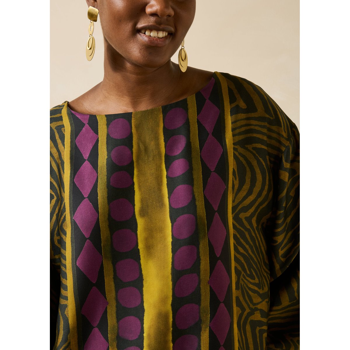 Top ample fluide manches longues imprimé zèbre noir/ocre, LA FEE MARABOUTEE