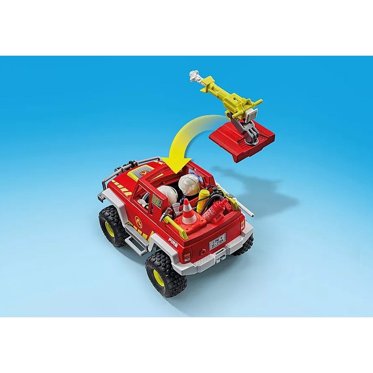 Véhicule de pompiers avec bidon d'essence enflammé véhicule de pompiers avec bidon d'essence enflammé, PLAYMOBIL