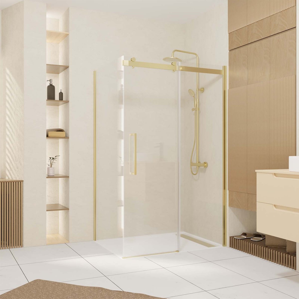 Porte de douche coulissante en verre trempé doré, HOME MAISON