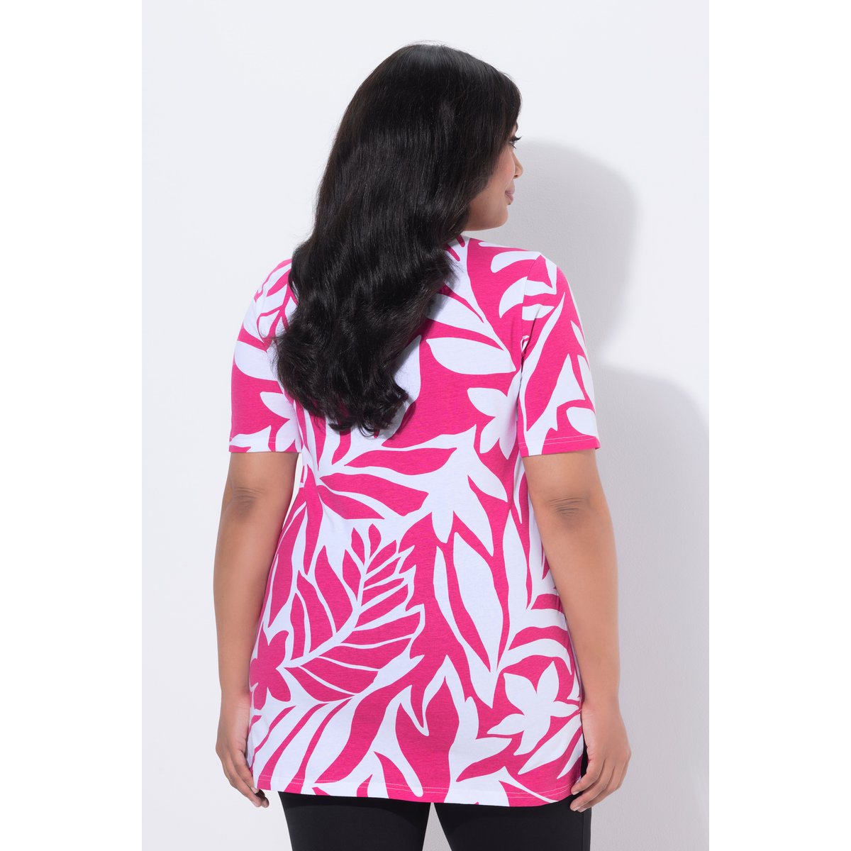 T-shirt long dans un imprimé feuilles rose vif, ULLA POPKEN