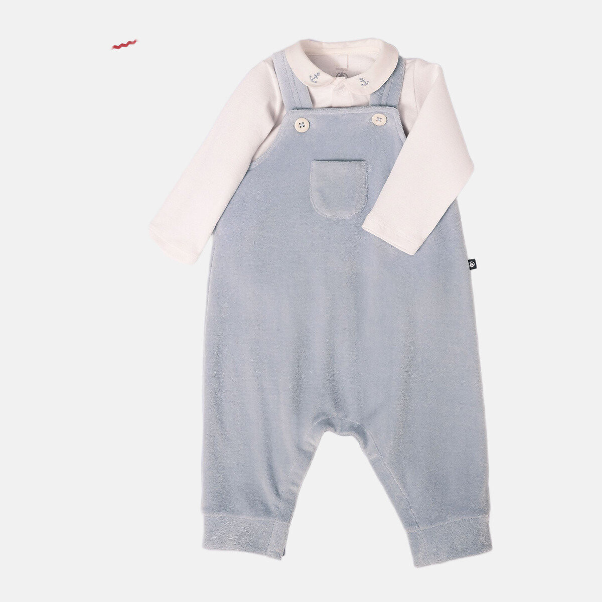 Set composto da salopette e body in felpa, con motivo con ancore blu + écru, PETIT BATEAU