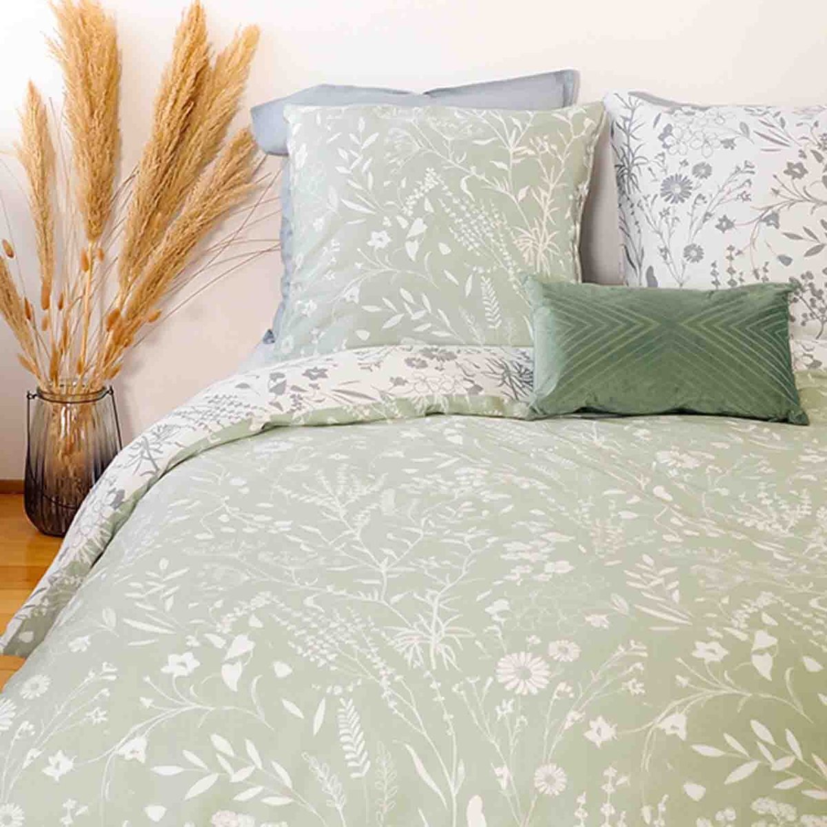 Parure housse de couette en satin de coton imprimée, Susie vert, C DESIGN HOME TEXTILE