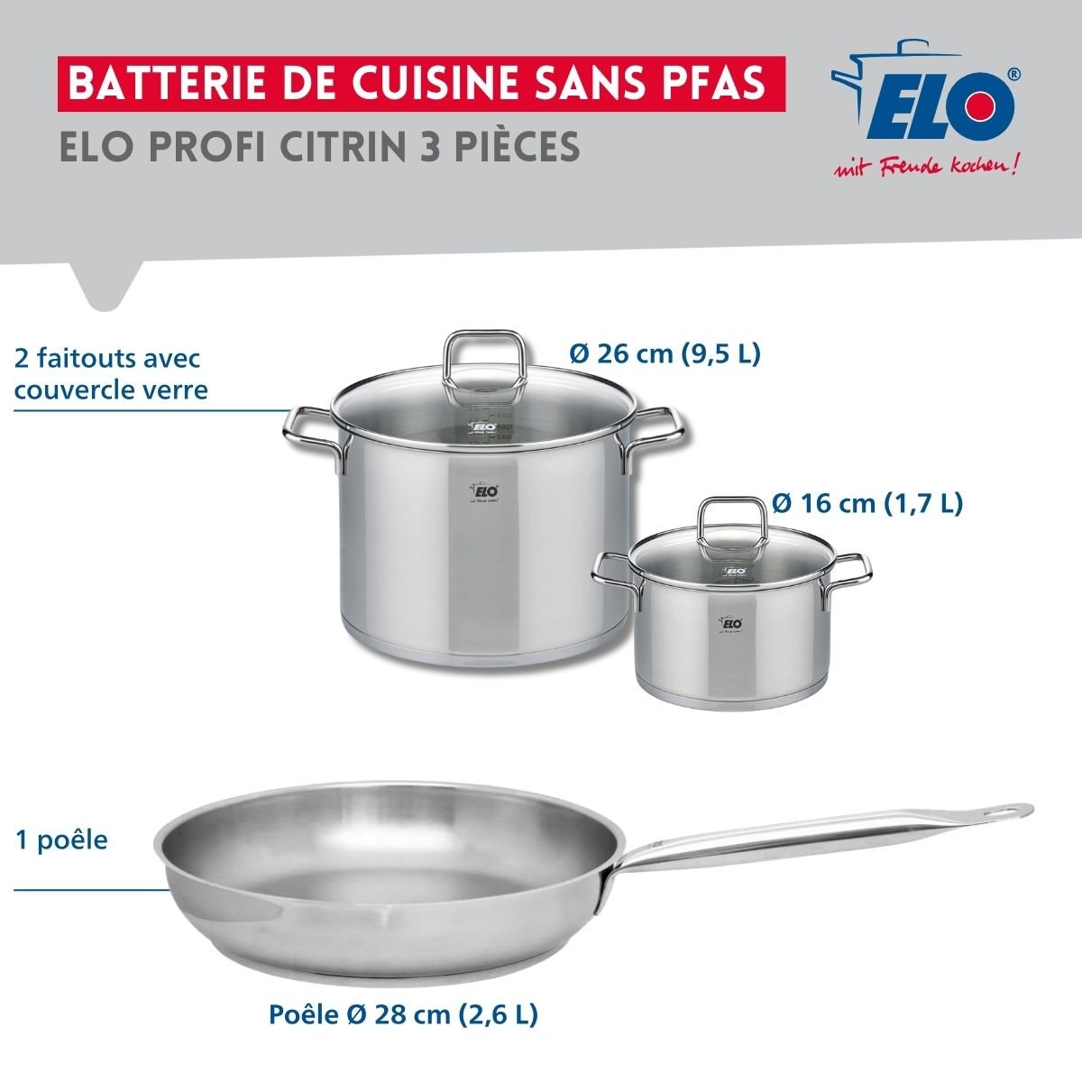 Batterie 1 poêle 28cm + 2 faitouts 16/26cm PROFI CITRIN inox, ELO