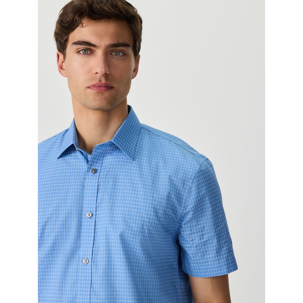 Chemise habillée à manches courtes en coton vichy bleu, NEXT