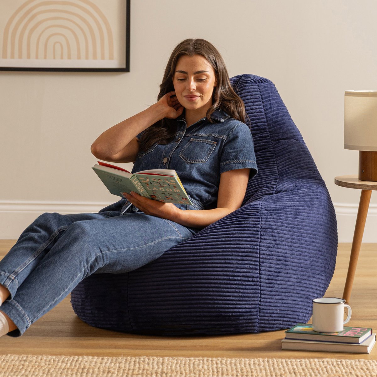 Lot de 2 poufs haut velours côtelé Oeko-Tex® - DALTON bleu marine, ICON
