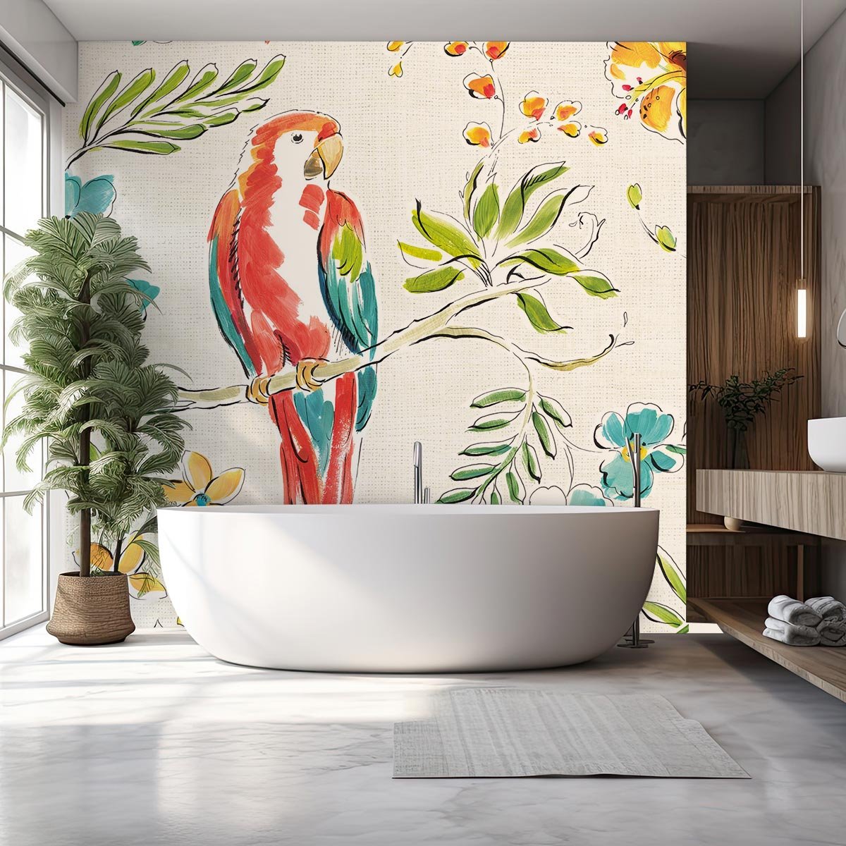 Papier peint exotique perroquet et fleurs intissé, HEXOA