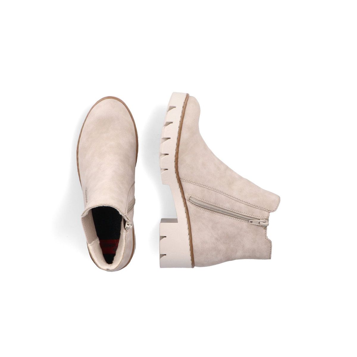 Bottines aspect nubuck taupe à semelle surélevée à talon décroché bas, fourrées, à soufflet élastiqué extérieur taupe, RIEKER