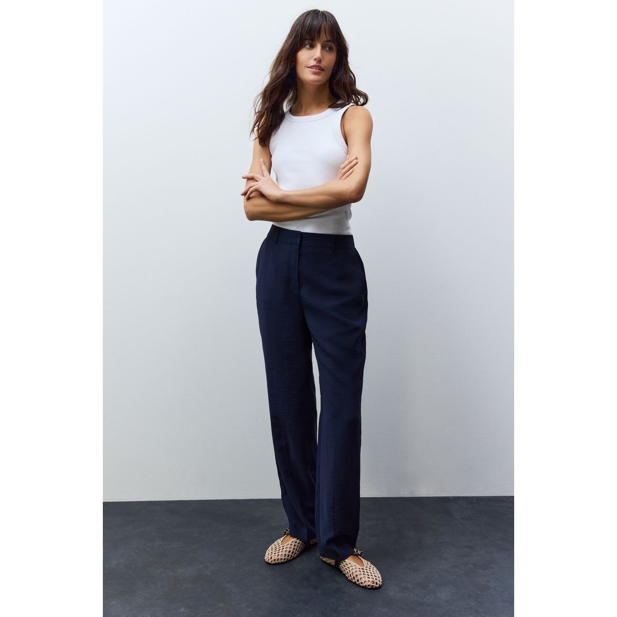 Pantalon droit en modal avec élastique au dos bleu marine, NEXT