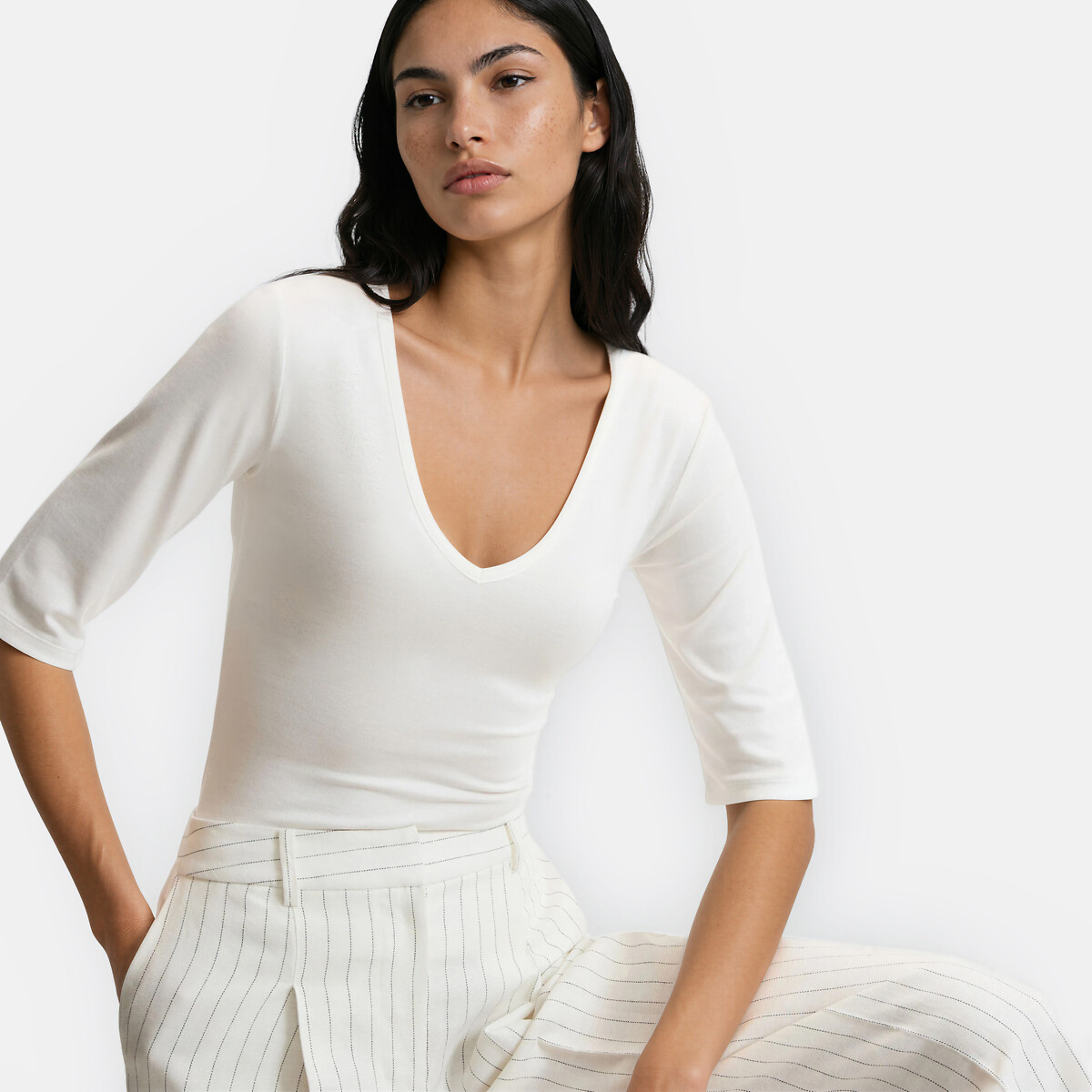 V-Neck Short Sleeve T-Shirt white, LA REDOUTE COLLECTIONS