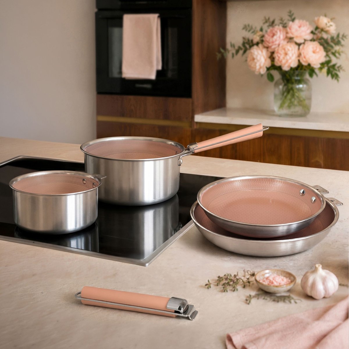 Batterie de cuisine 4 pièces en acier inoxydable avec 2 poignées, AGLAE rose, MENASTYL