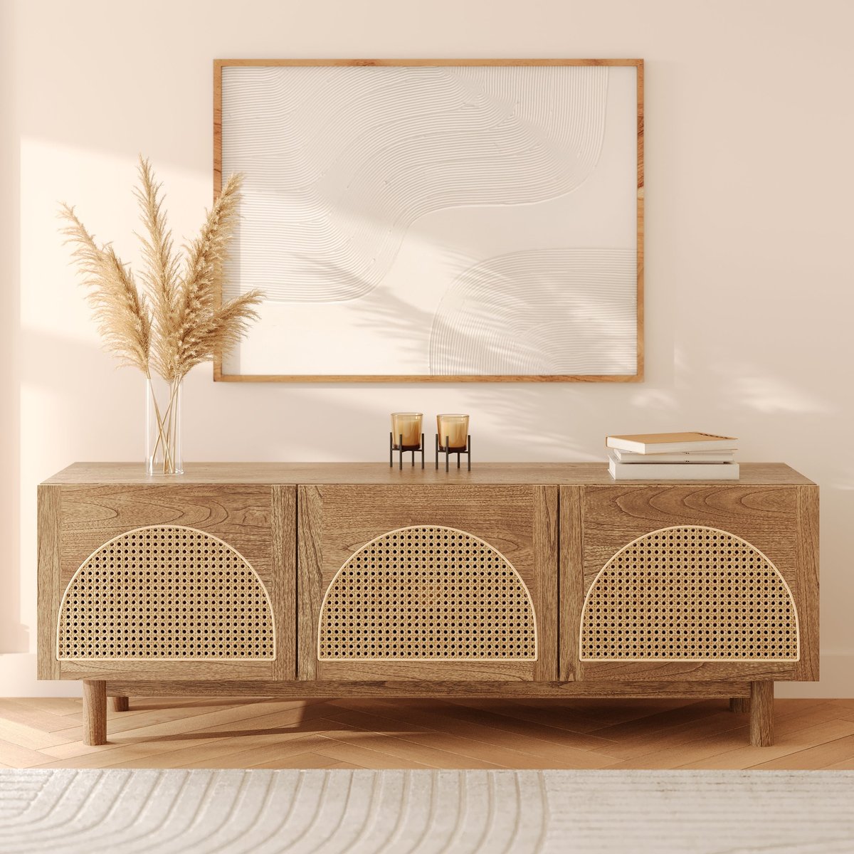 Meuble TV en bois massif de mindi et rotin 160 cm - DELYA marron, MAISON PAVANE