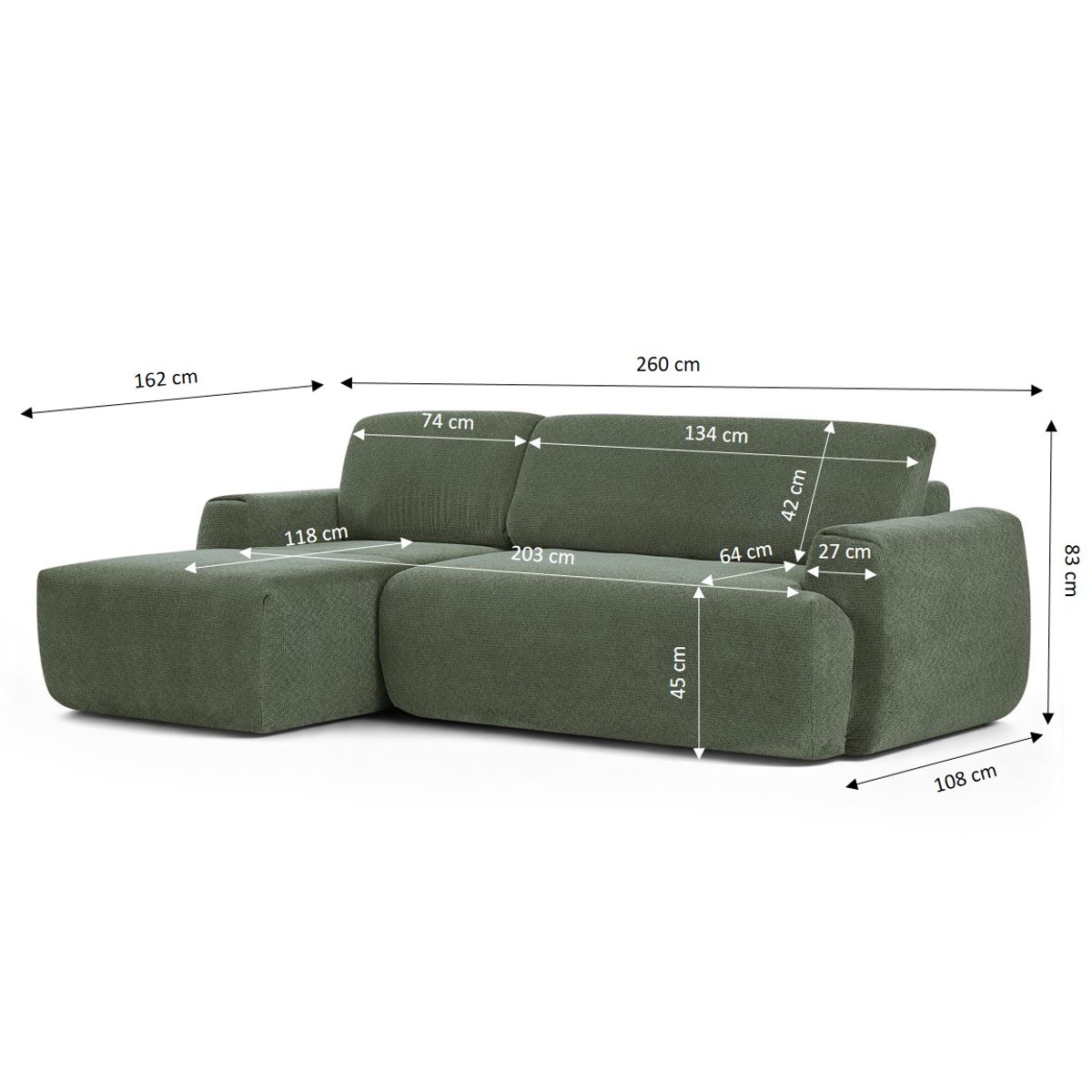 Canapé d'angle compressé 4 places tissu WESTA vert, BAÏTA
