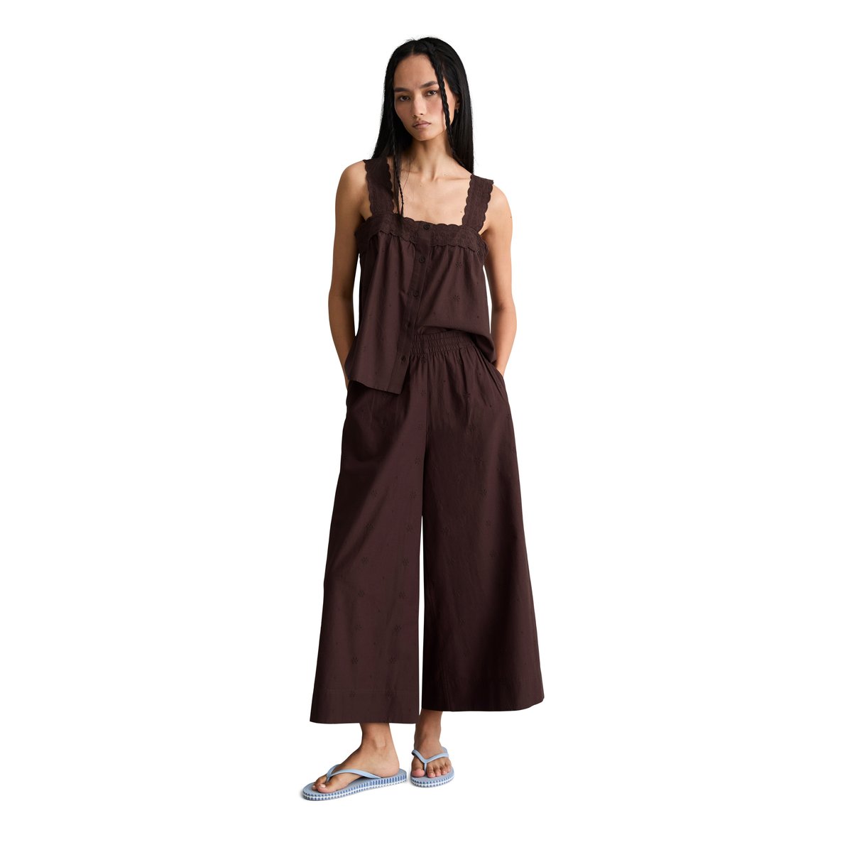 Pantalon large Broderie-Anglaise en pur coton bio dunkelrot, MARC O’POLO DENIM